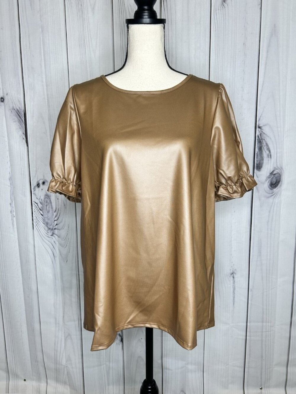 Cotton Bleu Womens Faux Leather Top Sz Large Short Puff Sleeve Brown